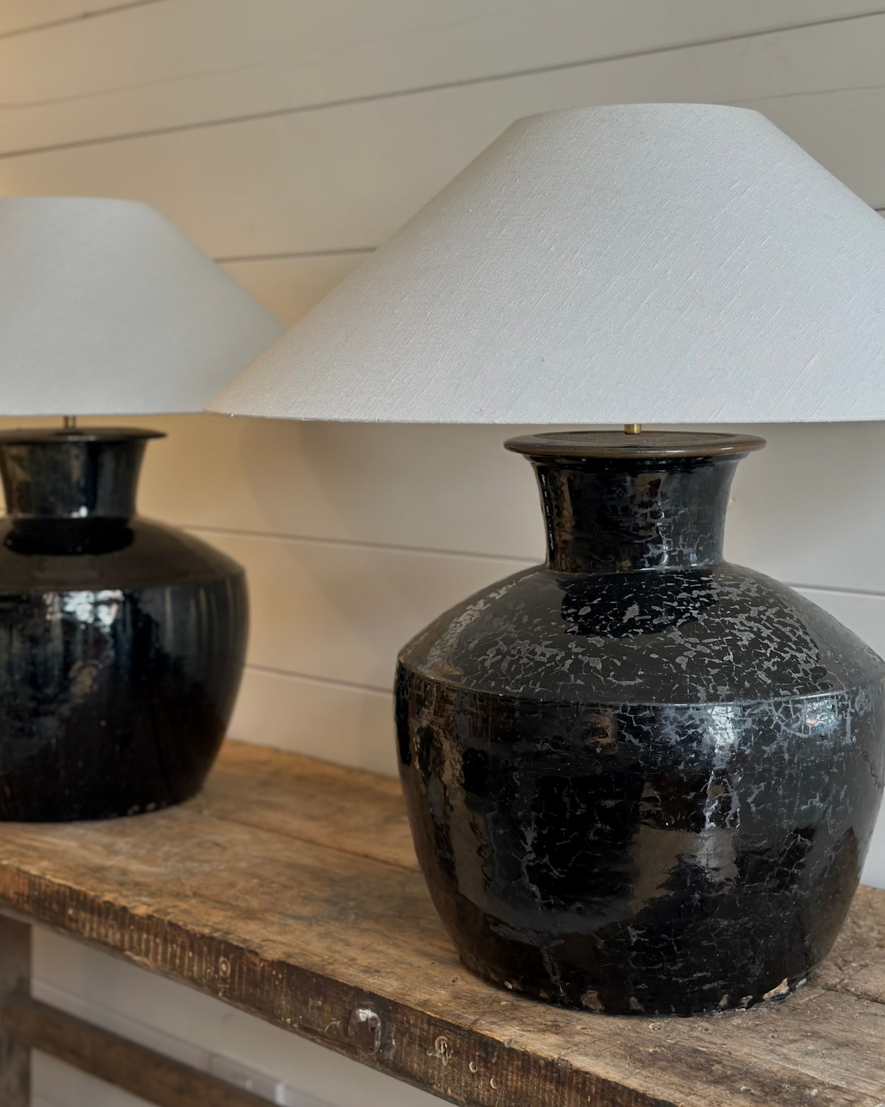 Pair of XL Black Antique Glazed Lamps