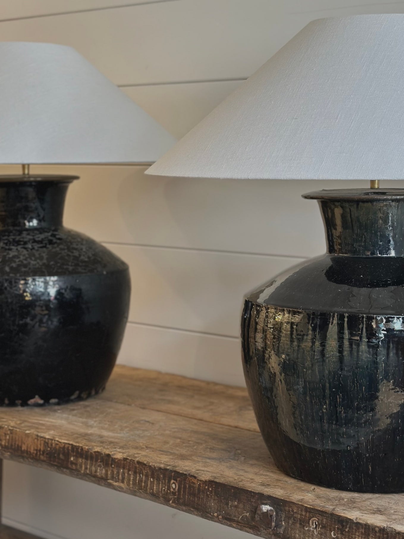 Pair of XL Black Antique Glazed Lamps